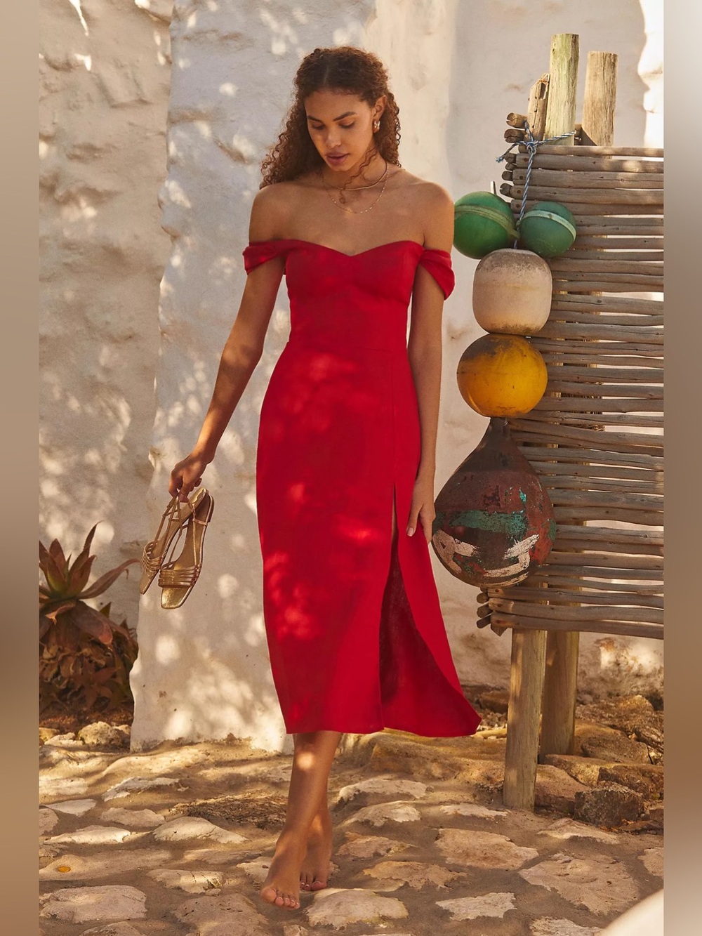 Reformation Red Bridgton Linen Midi Dress